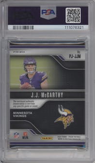 J.J. McCarthy from the 2024 Panini Prizm set featuring a Neon Green Pulsar parallel graded by PSA and given an overall grade of 9.