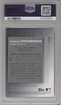 Gunnar Henderson from the 2020 Bowman Platinum  set graded by PSA and given an overall grade of 9.