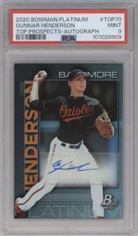 Gunnar Henderson from the 2020 Bowman Platinum  set graded by PSA and given an overall grade of 9.