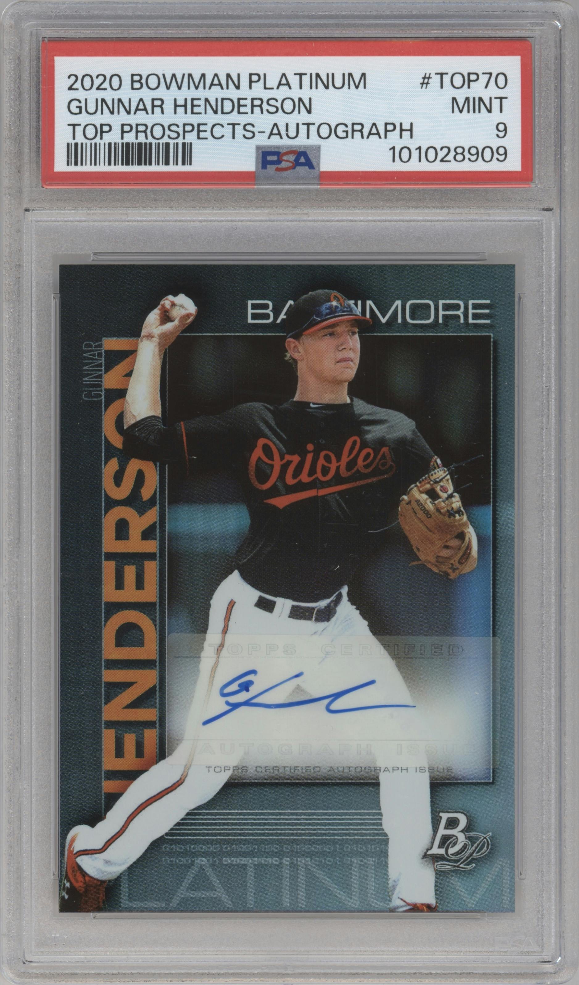 Gunnar Henderson from the 2020 Bowman Platinum  set graded by PSA and given an overall grade of 9.