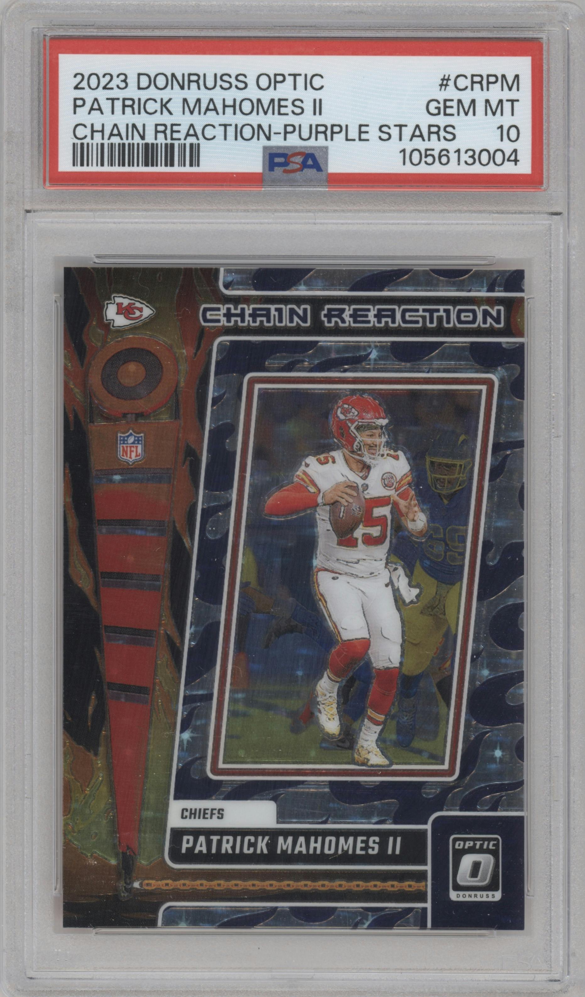 Patrick Mahomes II from the 2023 Donruss Optic set featuring a Purple Stars parallel graded by PSA and given an overall grade of 10.