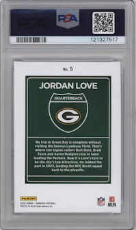 Jordan Love from the 2024 Donruss set graded by PSA and given an overall grade of 10.