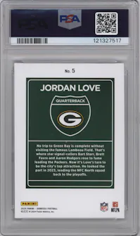 Jordan Love from the 2024 Donruss set graded by PSA and given an overall grade of 10.