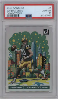 Jordan Love from the 2024 Donruss set graded by PSA and given an overall grade of 10.