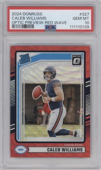 Caleb Williams from the 2024 Donruss set featuring a Red Wave parallel graded by PSA and given an overall grade of 10.