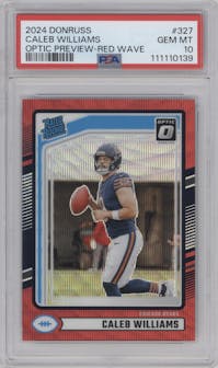 Caleb Williams from the 2024 Donruss set featuring a Red Wave parallel graded by PSA and given an overall grade of 10.