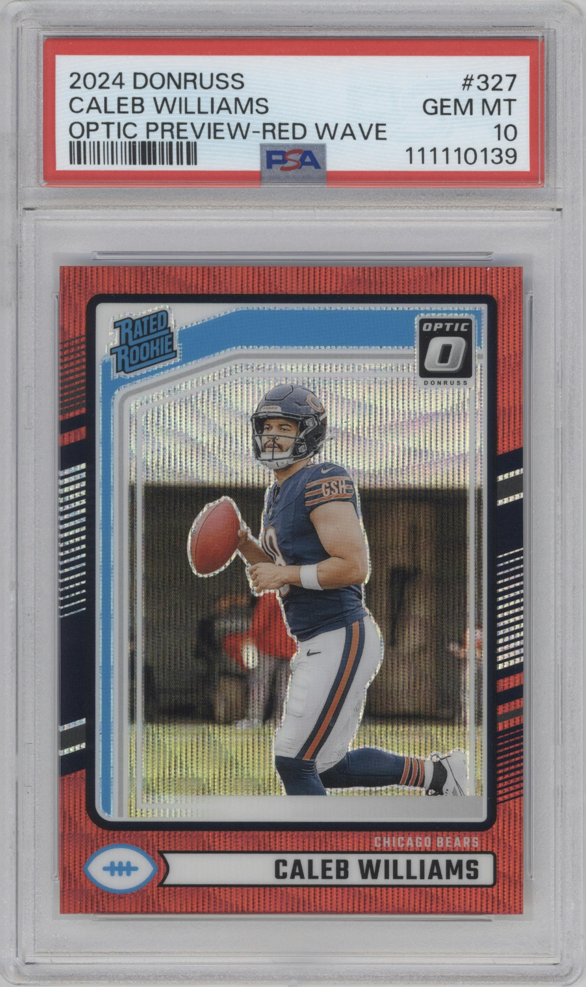 Caleb Williams from the 2024 Donruss set featuring a Red Wave parallel graded by PSA and given an overall grade of 10.