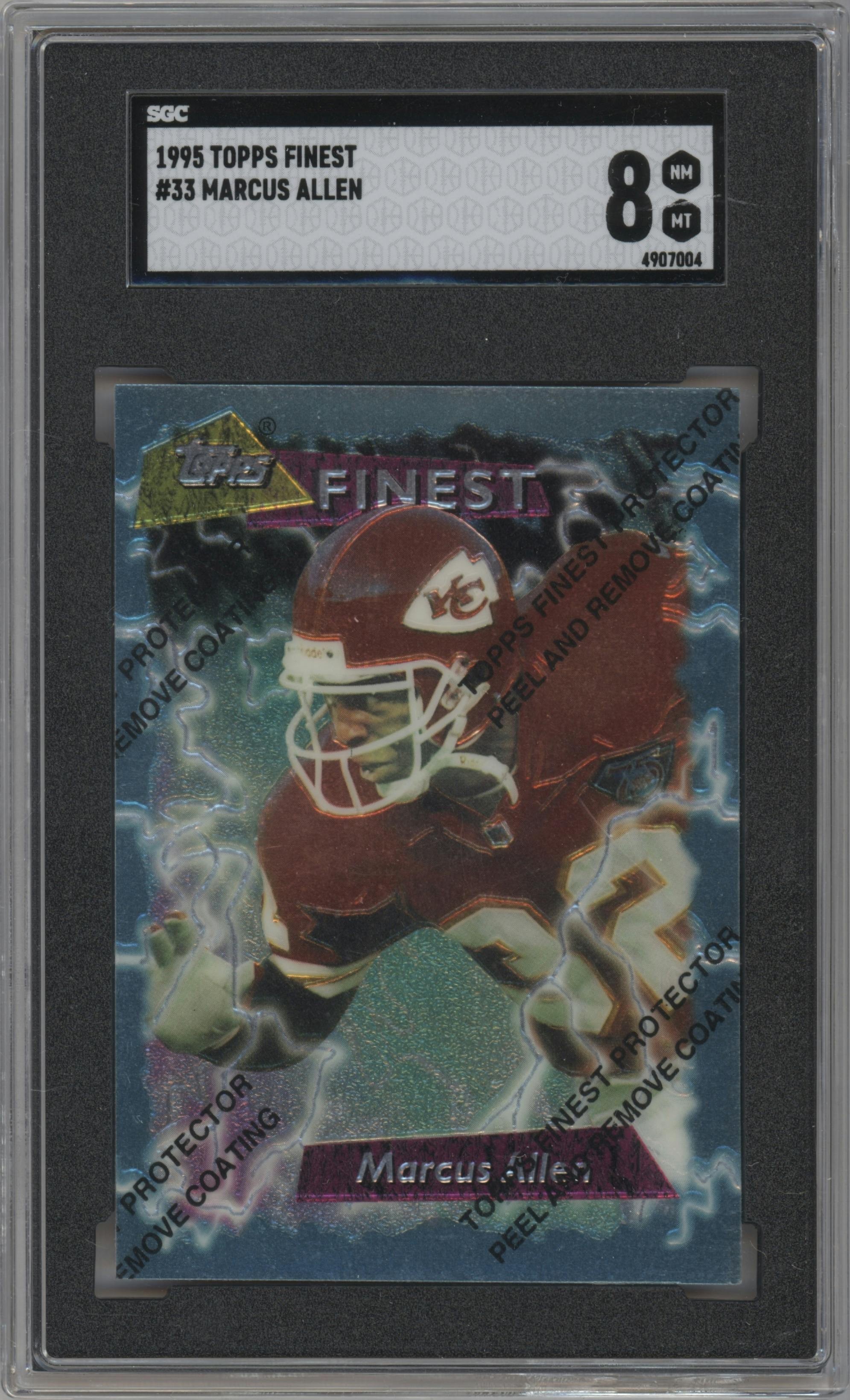 Marcus Allen from the 1995 Topps Finest set featuring a W/ Coating parallel graded by SGC and given an overall grade of 8.