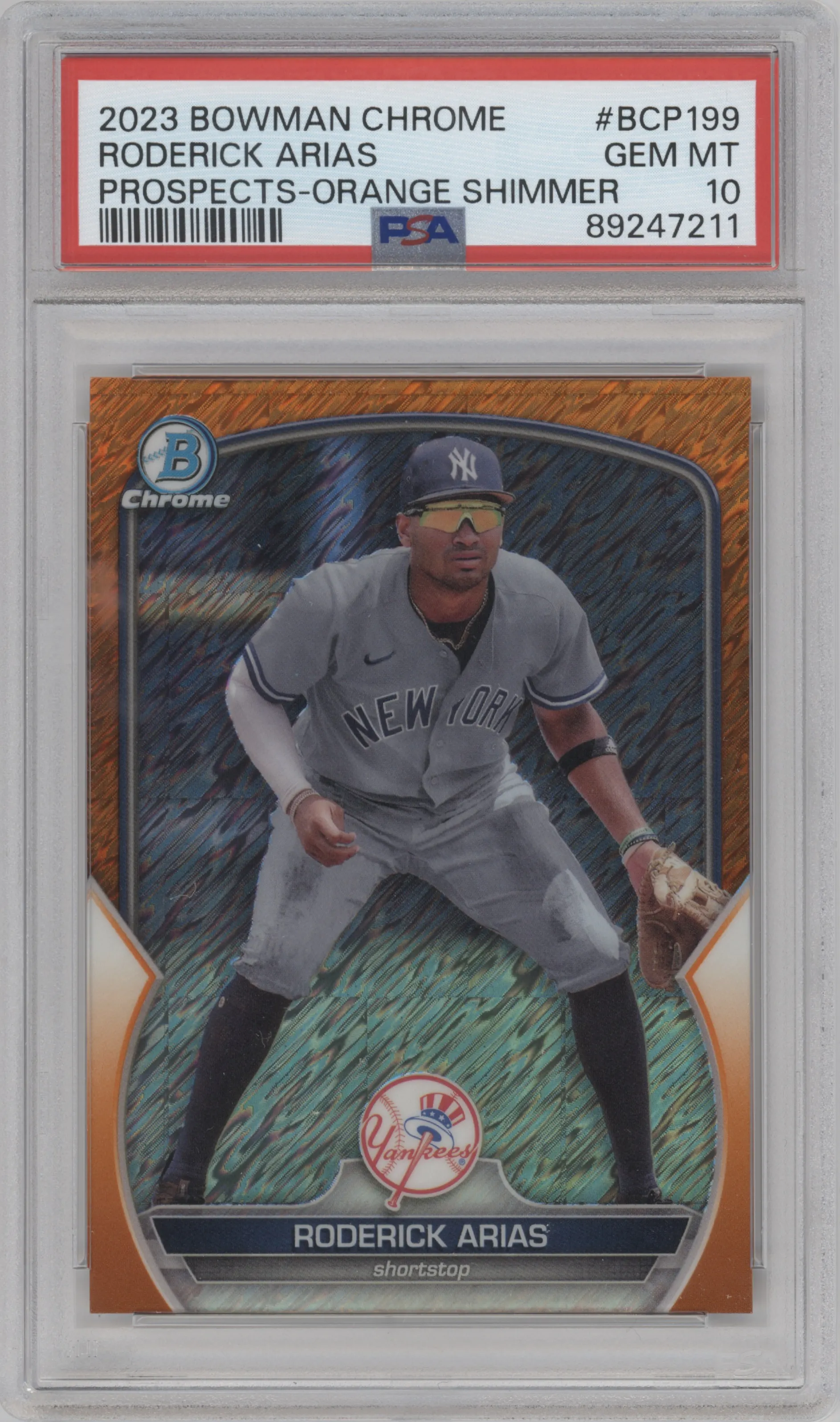 2023 Bowman Chrome Prospect Roderick Arias Orange Shimmer Refractor PSA 10