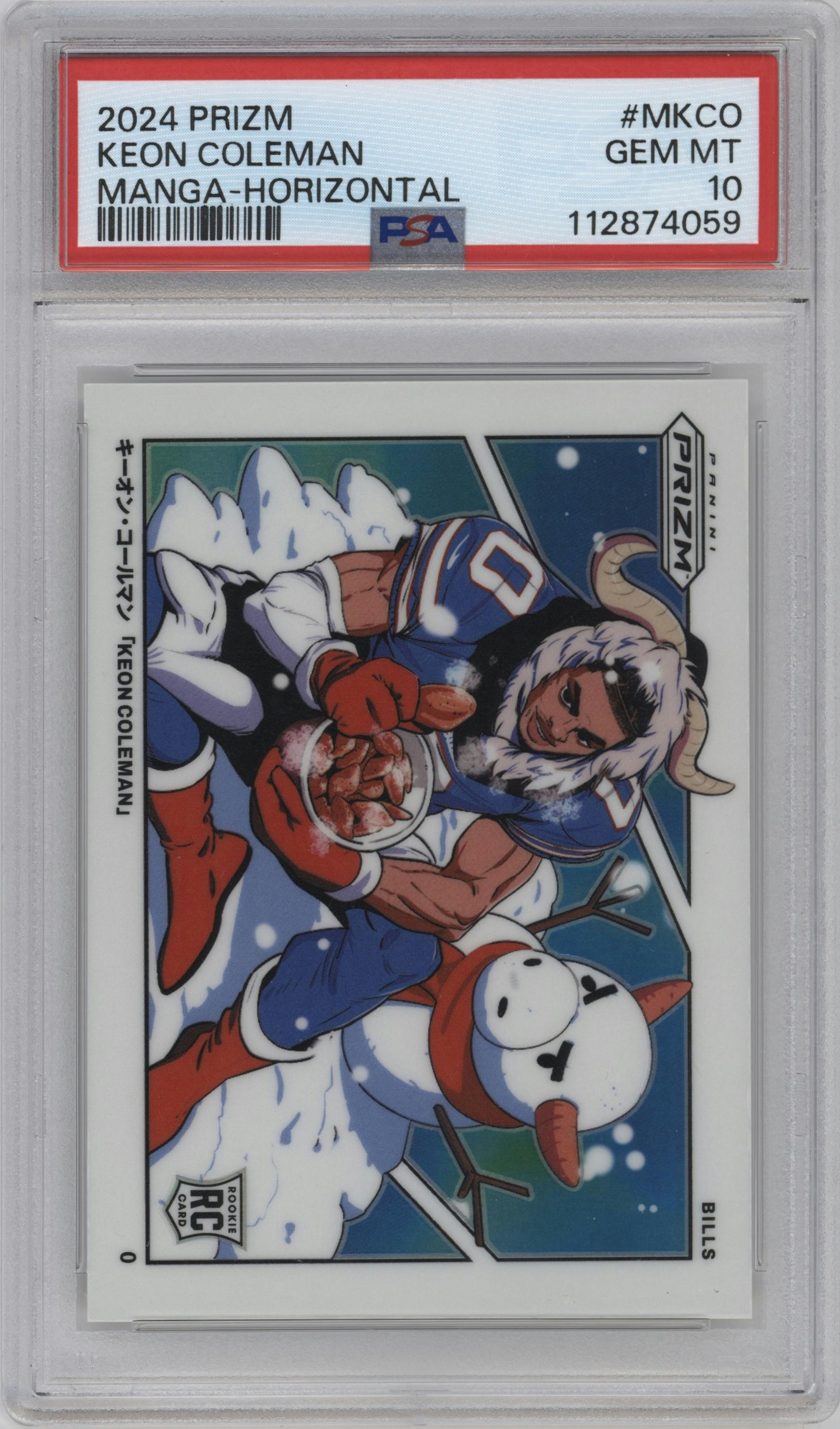 Keon Coleman from the 2024 Panini Prizm set graded by PSA and given an overall grade of 10.