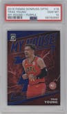 Trae Young from the 2019-20 Panini Donruss Optic set featuring a Purple parallel graded by PSA and given an overall grade of 10.