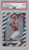 Jayden Daniels from the 2024 Panini Prizm set featuring a Red/White/Blue Prizm parallel graded by PSA and given an overall grade of 9.