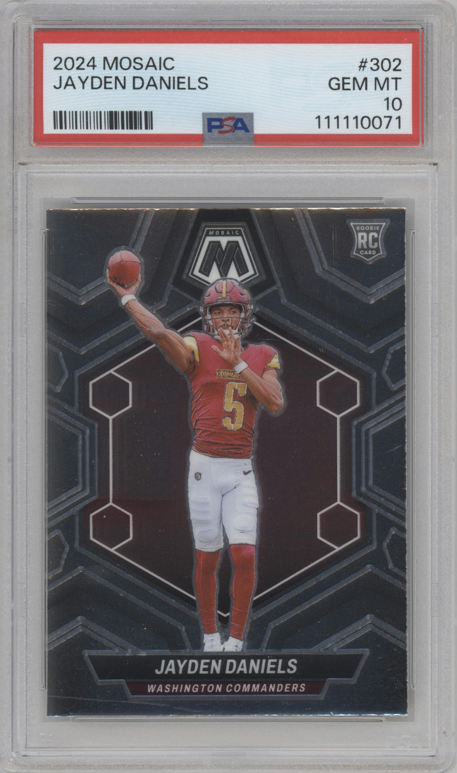 Jayden Daniels from the 2024 Panini Mosaic set graded by PSA and given an overall grade of 10.