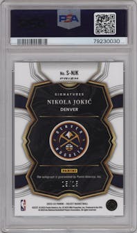 Nikola Jokic from the 2022-23 Panini Select set featuring a Neon Purple Pulsar parallel graded by PSA and given an overall grade of 9.