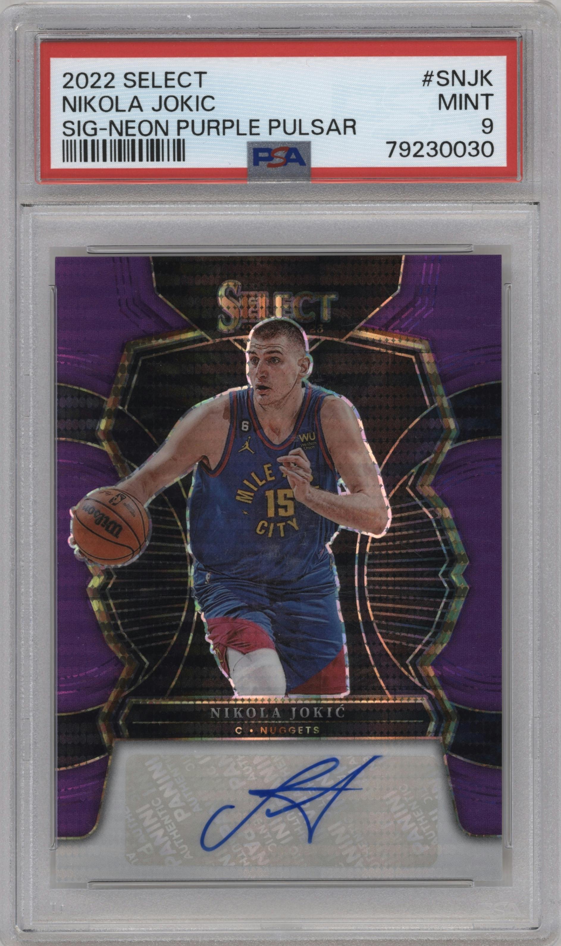 Nikola Jokic from the 2022-23 Panini Select set featuring a Neon Purple Pulsar parallel graded by PSA and given an overall grade of 9.