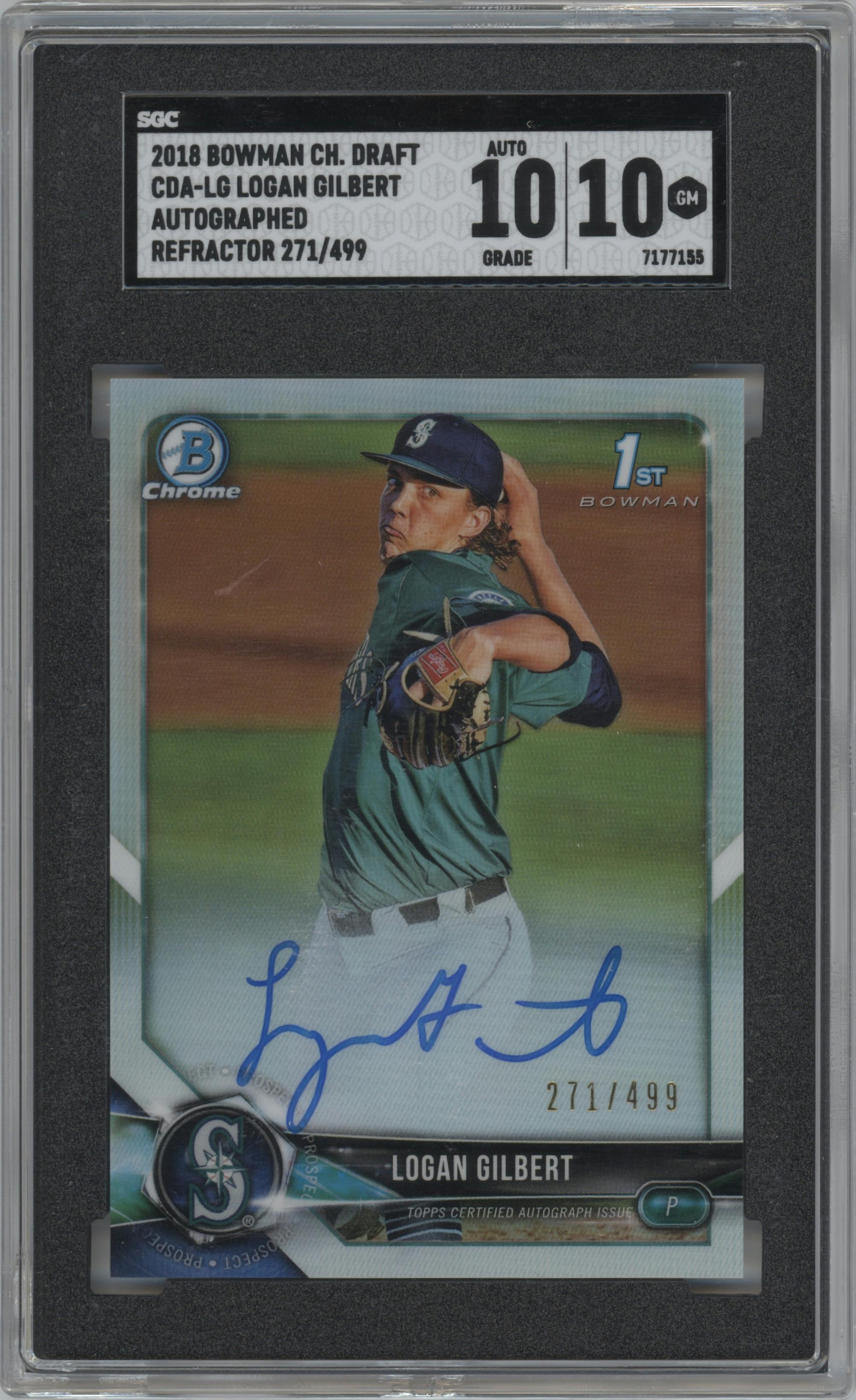 Logan Gilbert from the 2018 Bowman Draft set featuring a Refractor parallel graded by SGC and given an overall grade of 10.