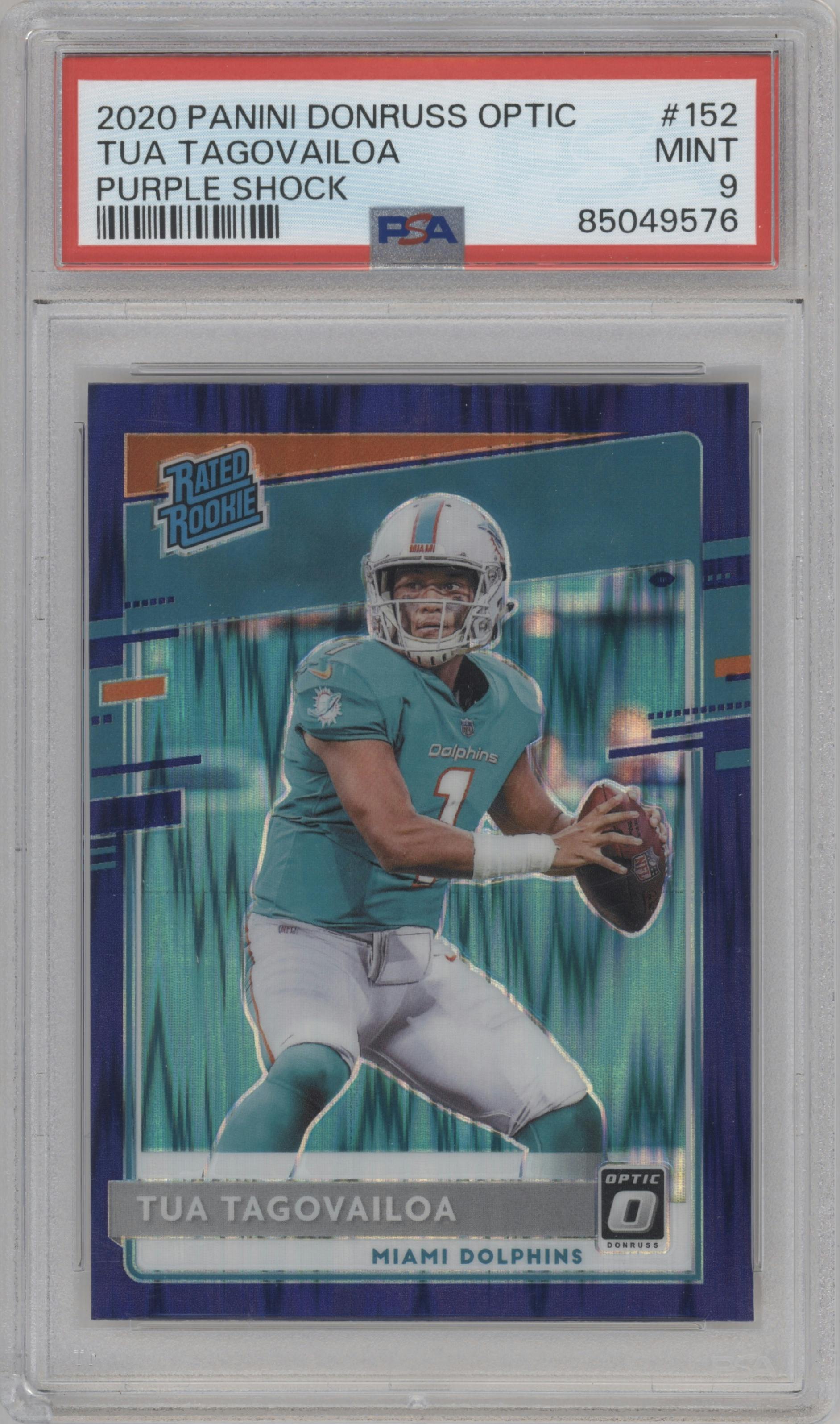 Tua Tagovailoa from the 2020 Panini Donruss Optic set featuring a Purple Shock parallel graded by PSA and given an overall grade of 9.