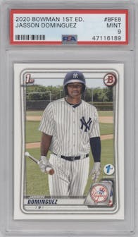 Jasson Dominguez from the 2020 Bowman 1st Edition set graded by PSA and given an overall grade of 9.