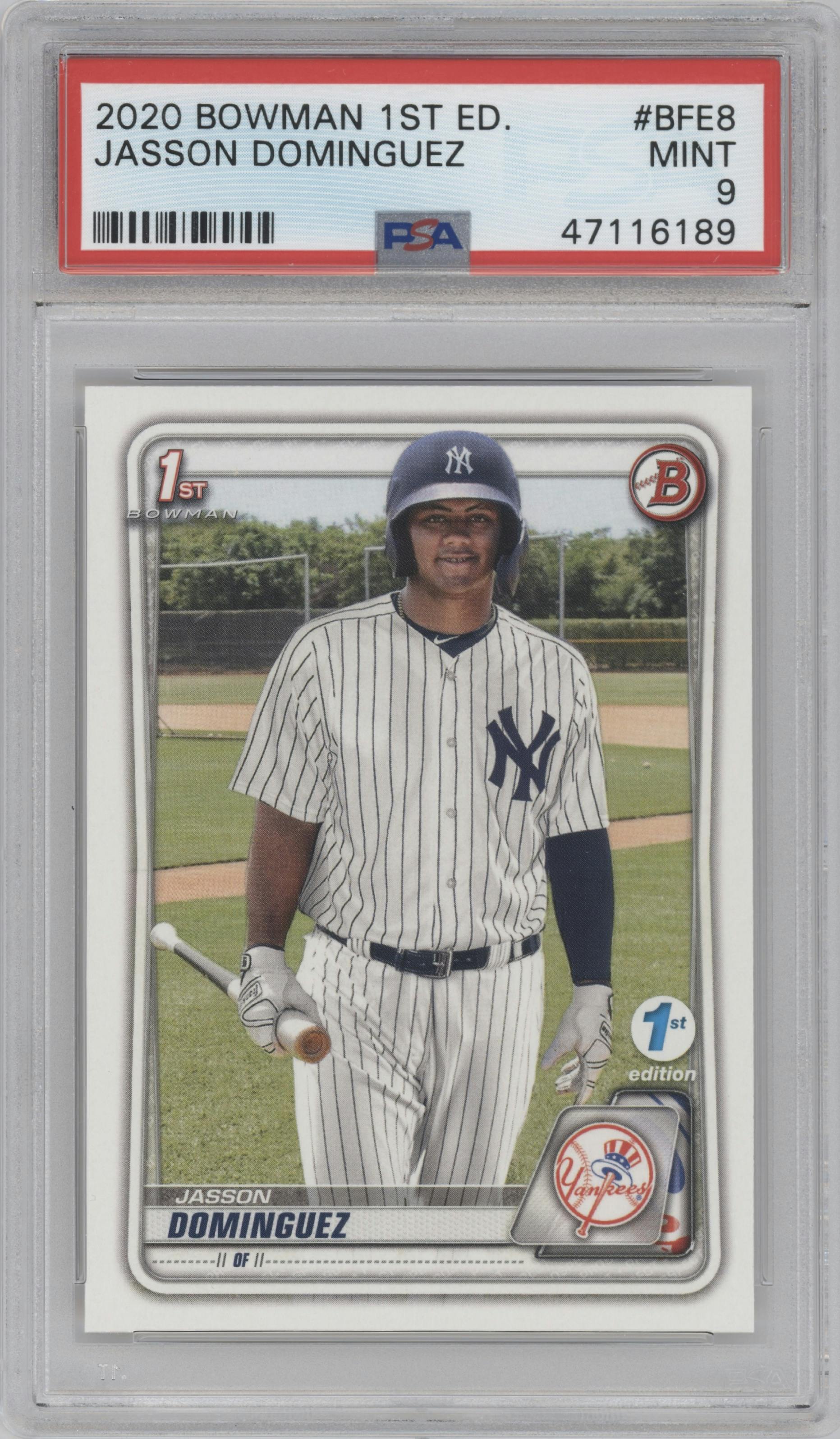 Jasson Dominguez from the 2020 Bowman 1st Edition set graded by PSA and given an overall grade of 9.
