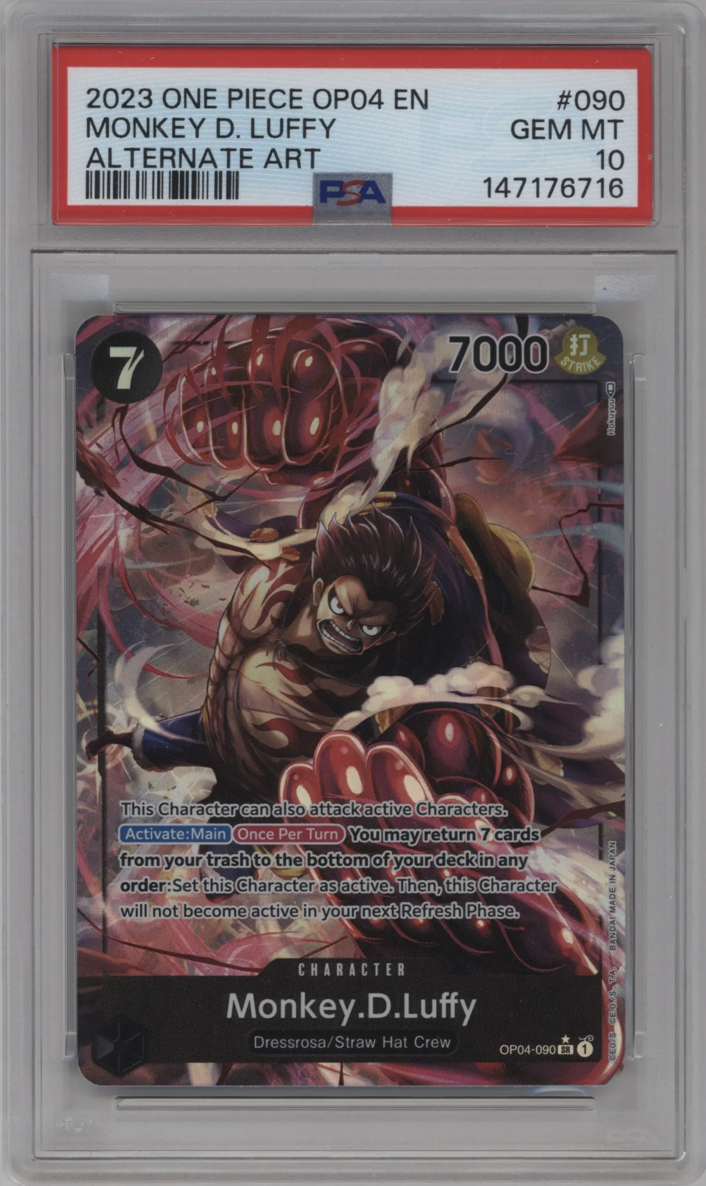 2023 One Piece Kingdoms of Intrigue Monkey.D.Luffy Alternate Art SR #OP04-090 SR PSA 10