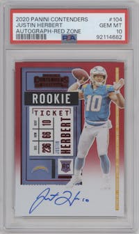 Justin Herbert from the 2020 Panini Contenders set featuring a Red Zone FOTL parallel graded by PSA and given an overall grade of 10.