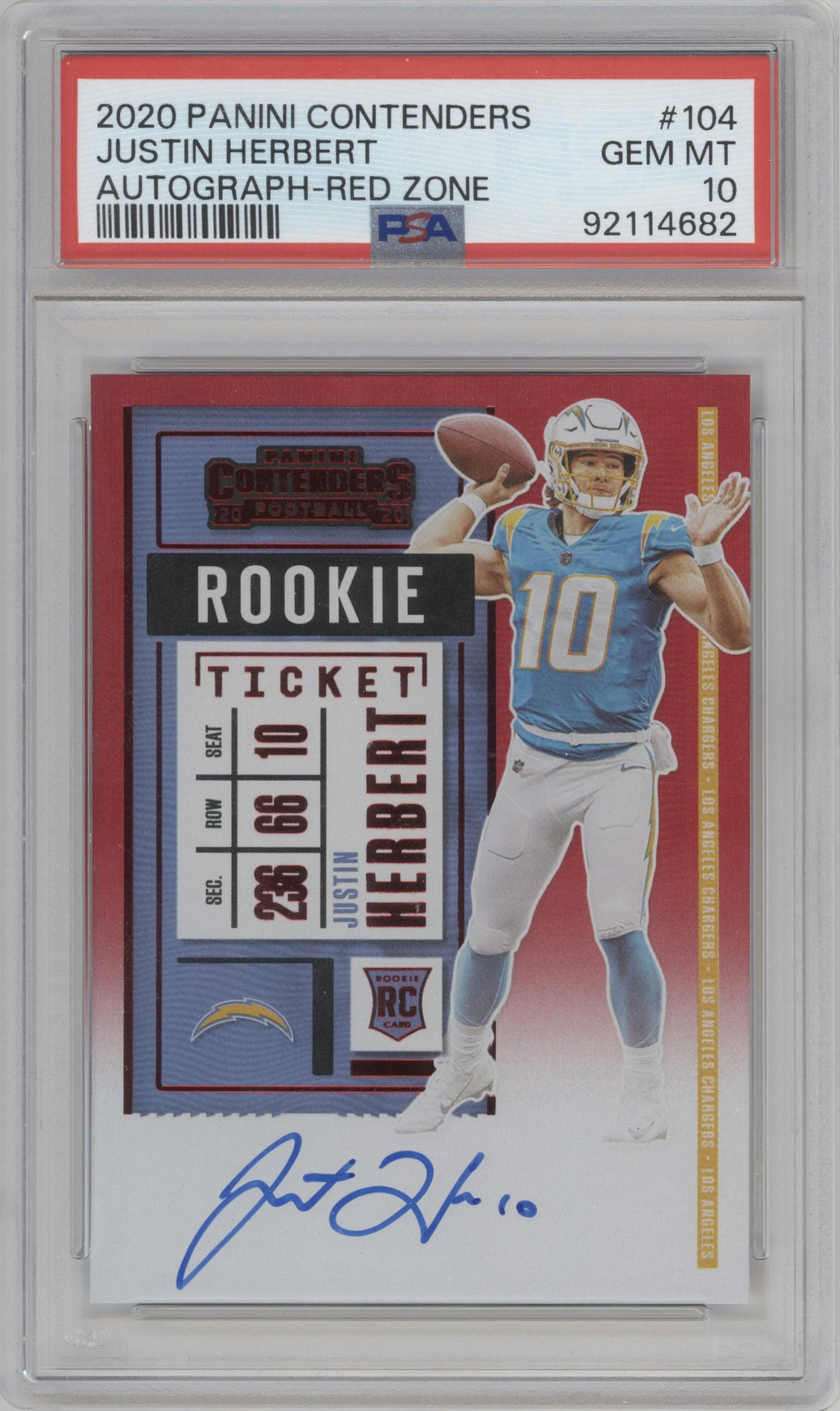 Justin Herbert from the 2020 Panini Contenders set featuring a Red Zone FOTL parallel graded by PSA and given an overall grade of 10.