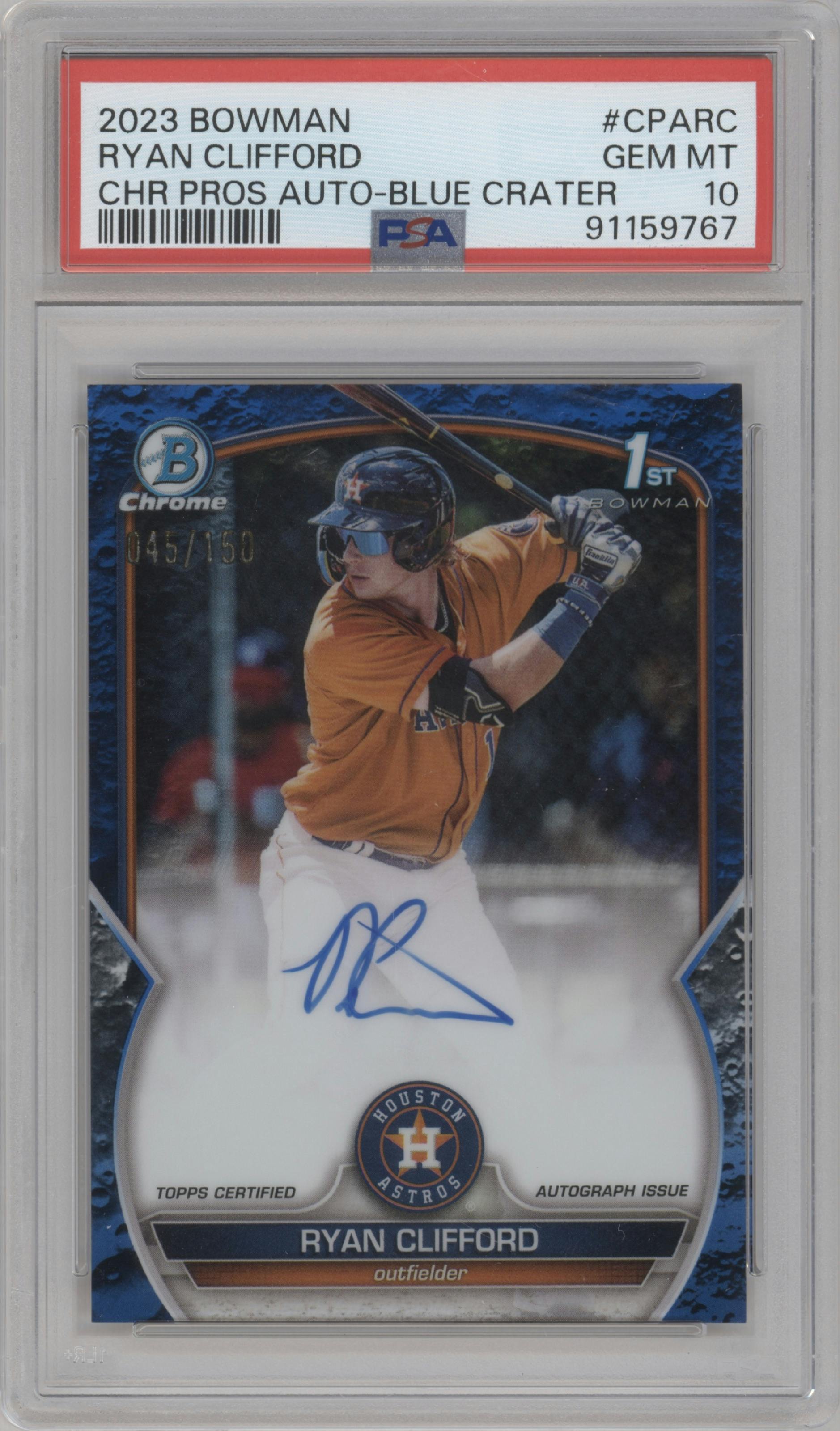 Ryan Clifford from the 2023 Bowman  set featuring a Blue Lunar Crater Refractor parallel graded by PSA and given an overall grade of 10.