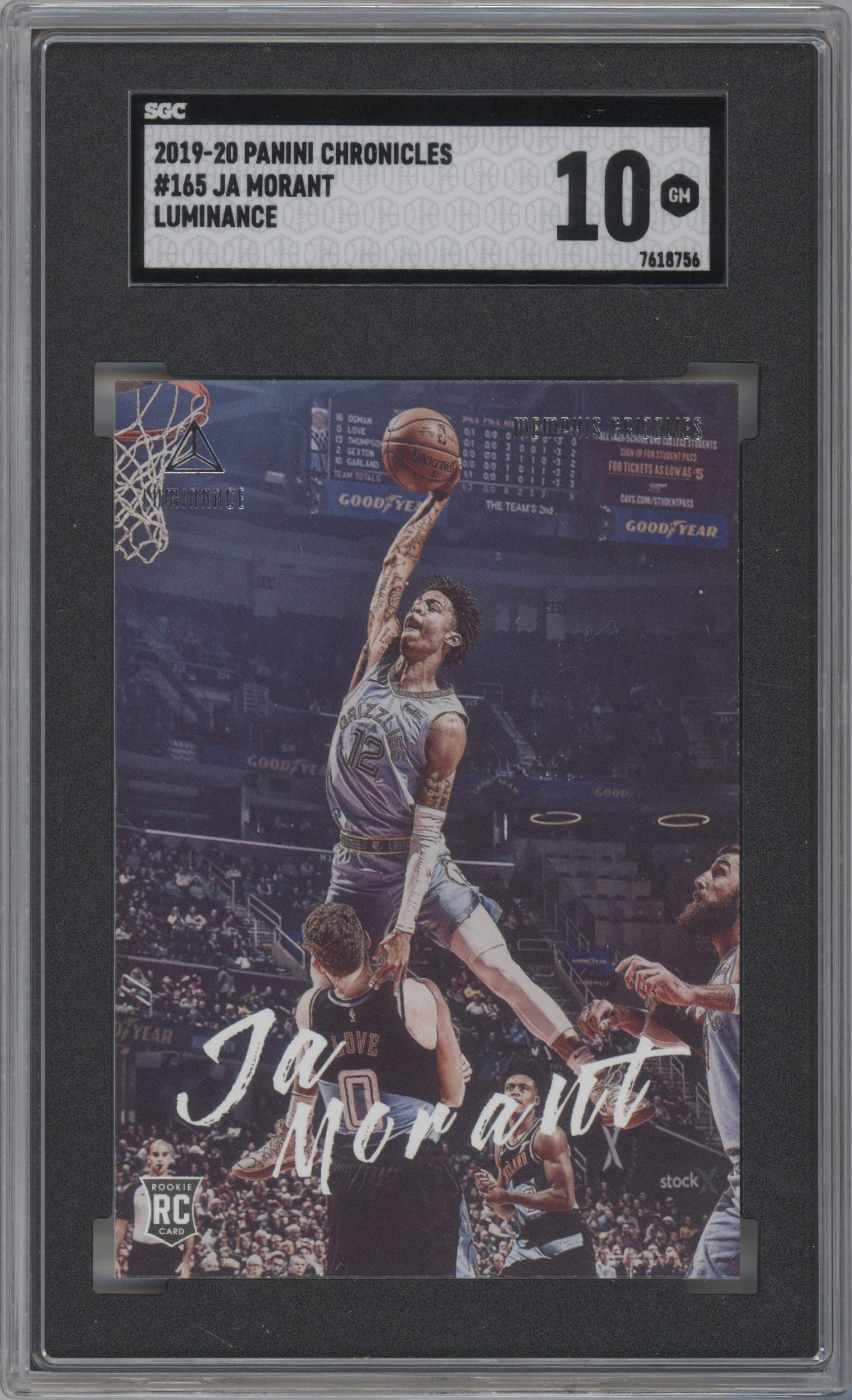 Ja Morant from the 2019-20 Panini Chronicles  set graded by SGC and given an overall grade of 10.