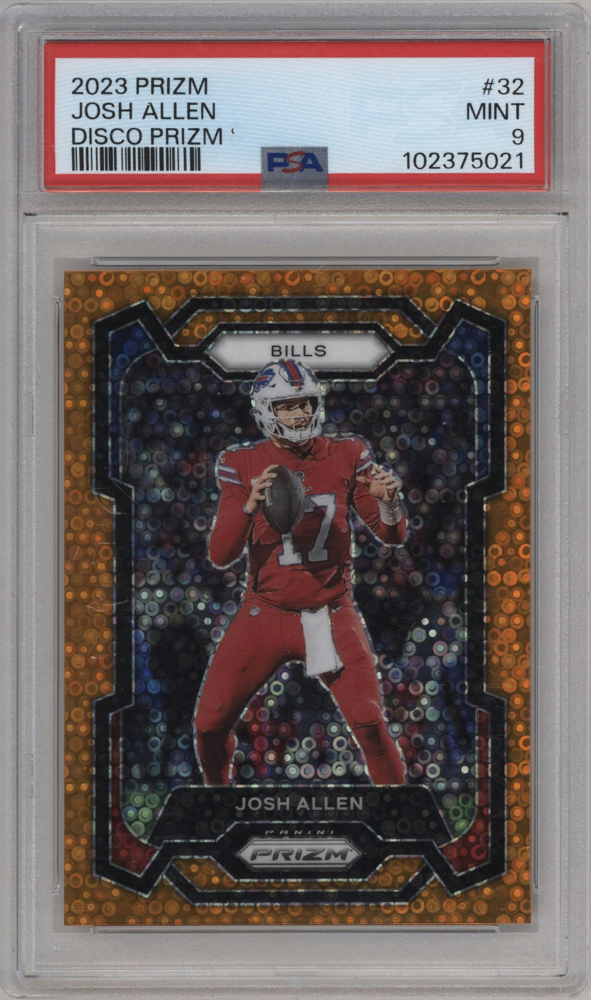 Josh Allen from the 2023 Panini Prizm set featuring a Disco parallel graded by PSA and given an overall grade of 9.