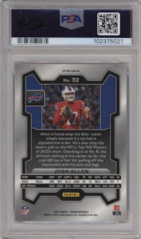 Josh Allen from the 2023 Panini Prizm set featuring a Disco parallel graded by PSA and given an overall grade of 9.