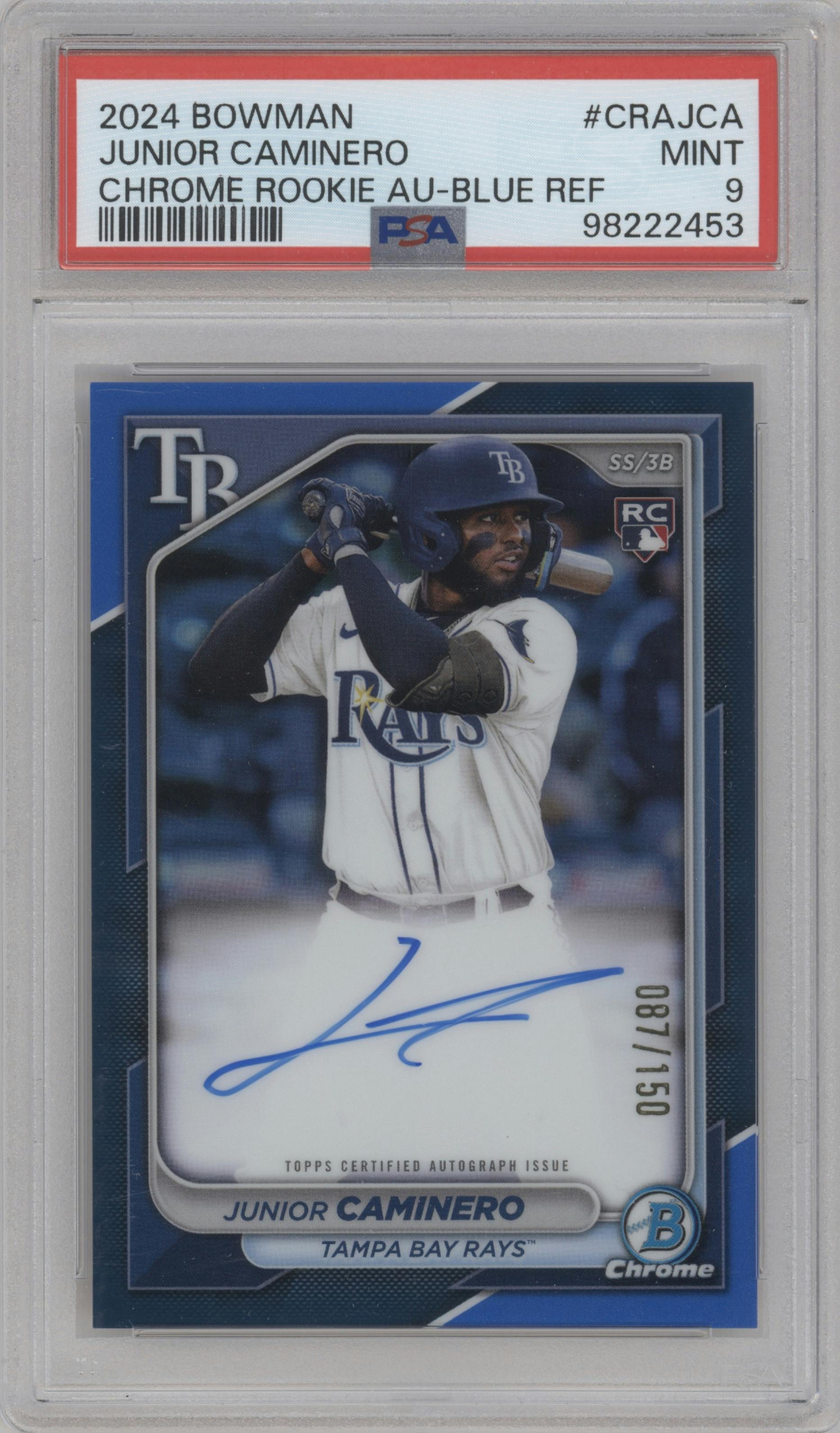 Junior Caminero from the 2024 Bowman set featuring a Blue Refractor parallel graded by PSA and given an overall grade of 9.