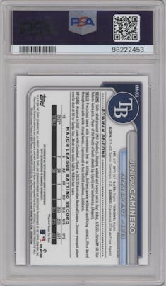 Junior Caminero from the 2024 Bowman set featuring a Blue Refractor parallel graded by PSA and given an overall grade of 9.