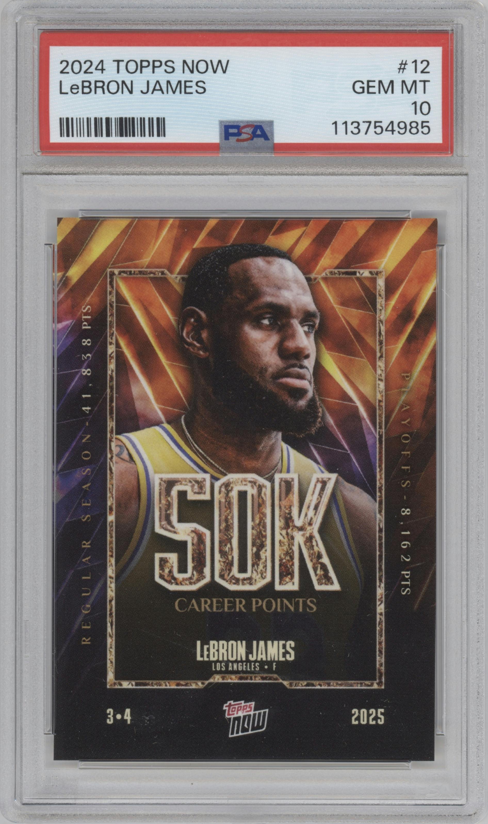 LeBron James from the 2024-25 Topps Now set graded by PSA and given an overall grade of 10.