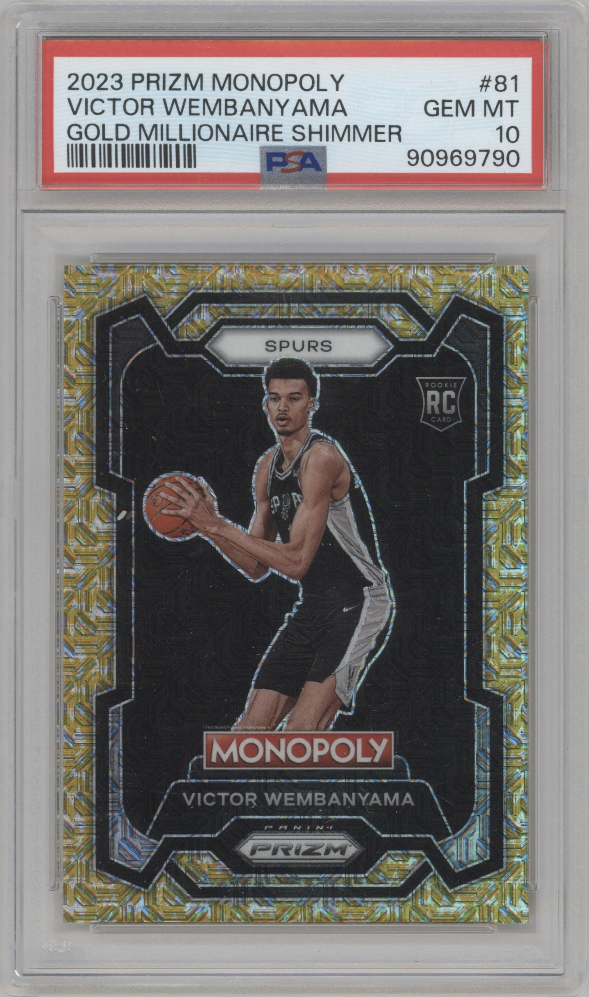 Victor Wembanyama from the 2023-24 Panini Prizm Monopoly set featuring a Gold Millionaire Shimmer  parallel graded by PSA and given an overall grade of 10.