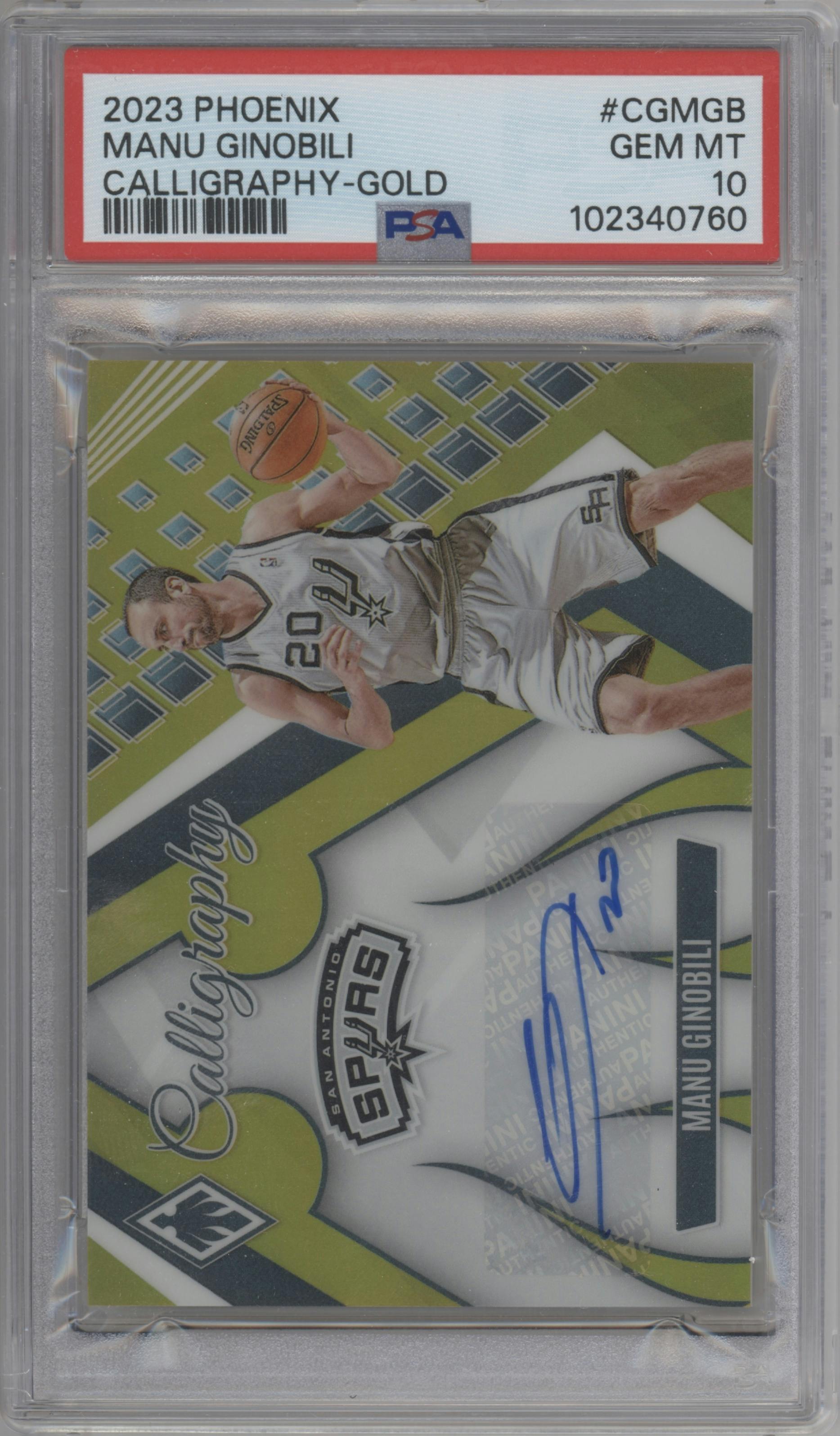 Manu Ginobili from the 2023-24 Panini Phoenix set featuring a Gold parallel graded by PSA and given an overall grade of 10.