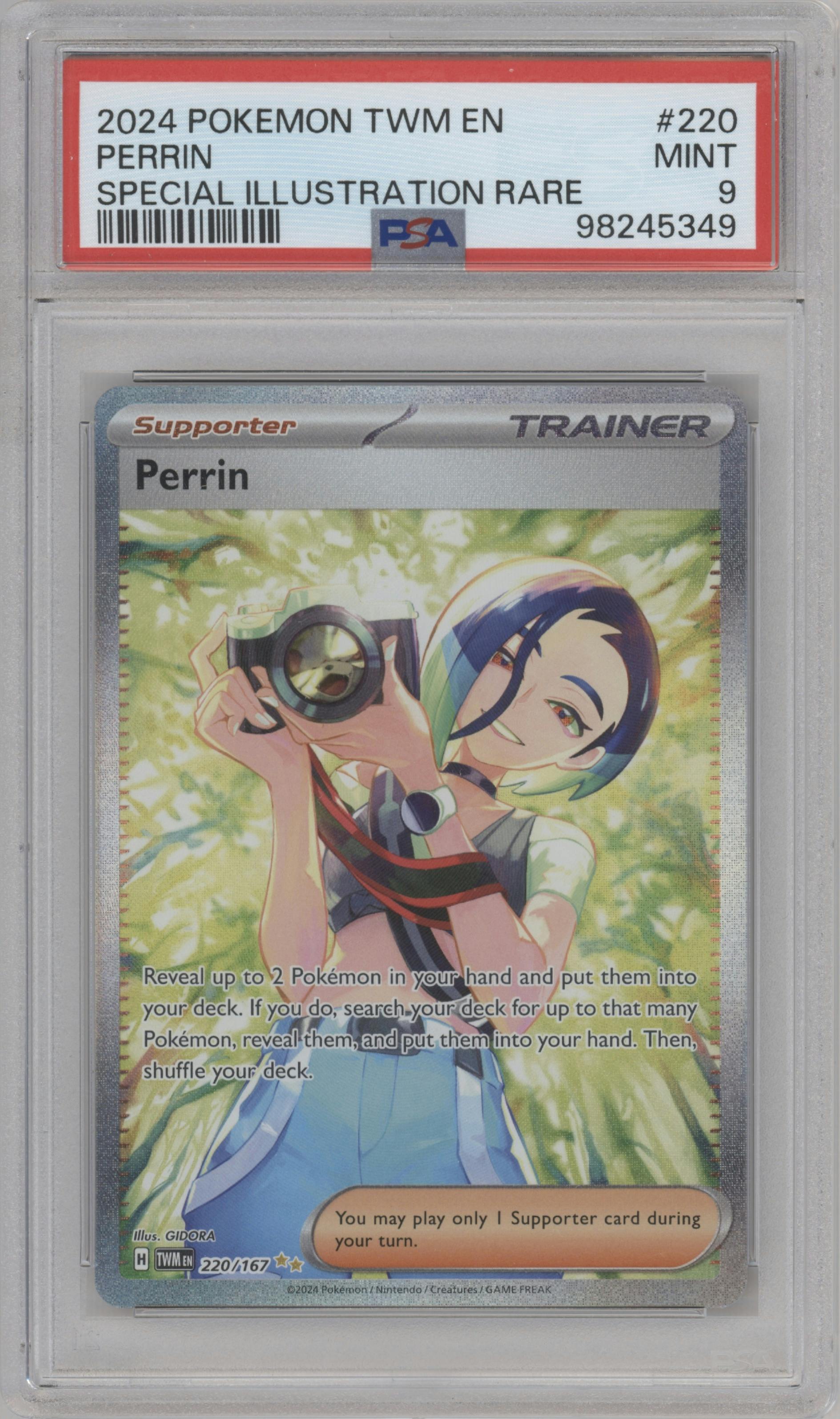 Perrin from the 2024 Pokemon SV set graded by PSA and given an overall grade of 9.