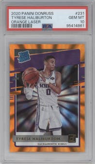 Tyrese Haliburton from the 2020-21 Panini Donruss set featuring a Orange Laser parallel graded by PSA and given an overall grade of 10.
