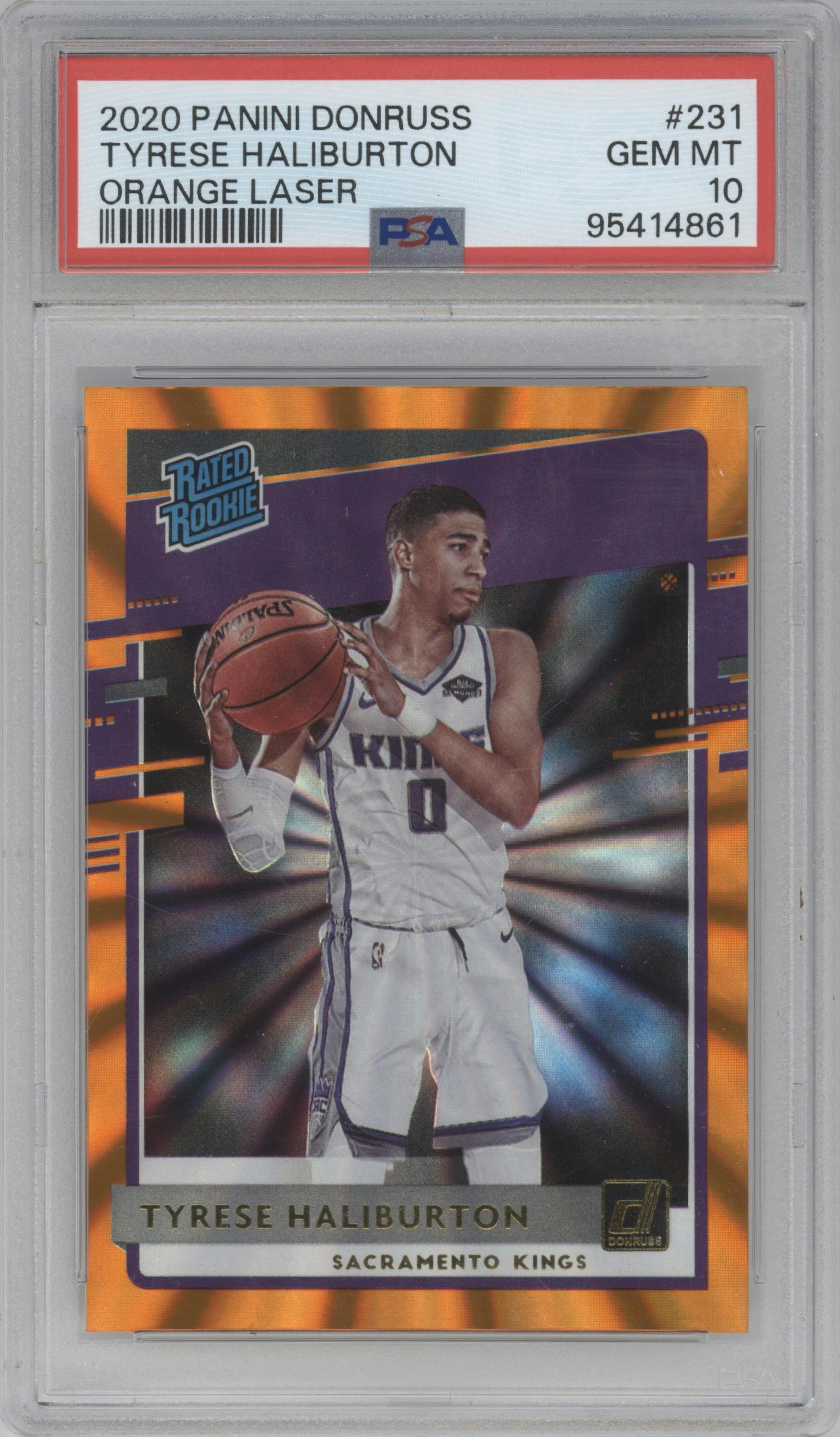 Tyrese Haliburton from the 2020-21 Panini Donruss set featuring a Orange Laser parallel graded by PSA and given an overall grade of 10.