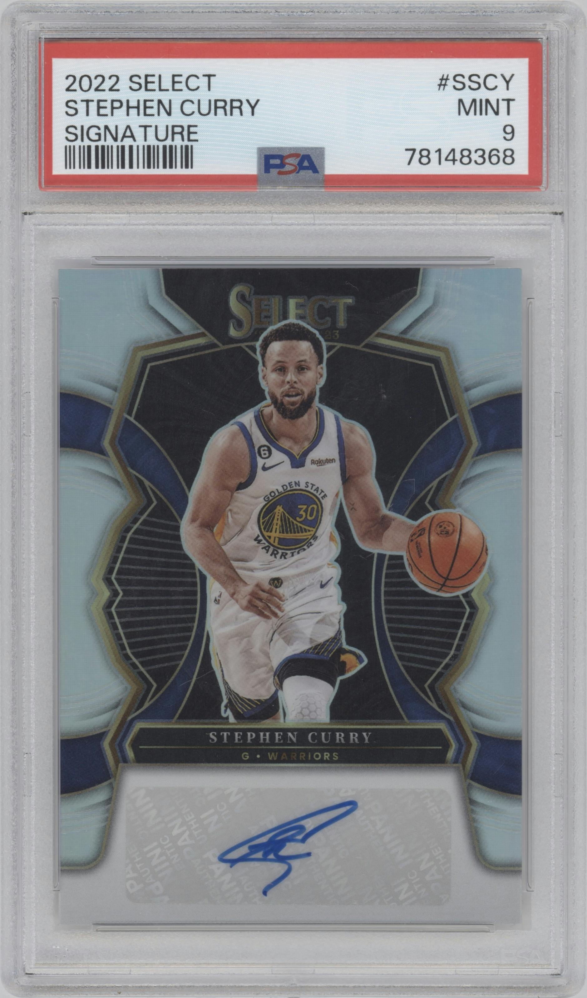 Stephen Curry from the 2022-23 Panini Select set graded by PSA and given an overall grade of 9.