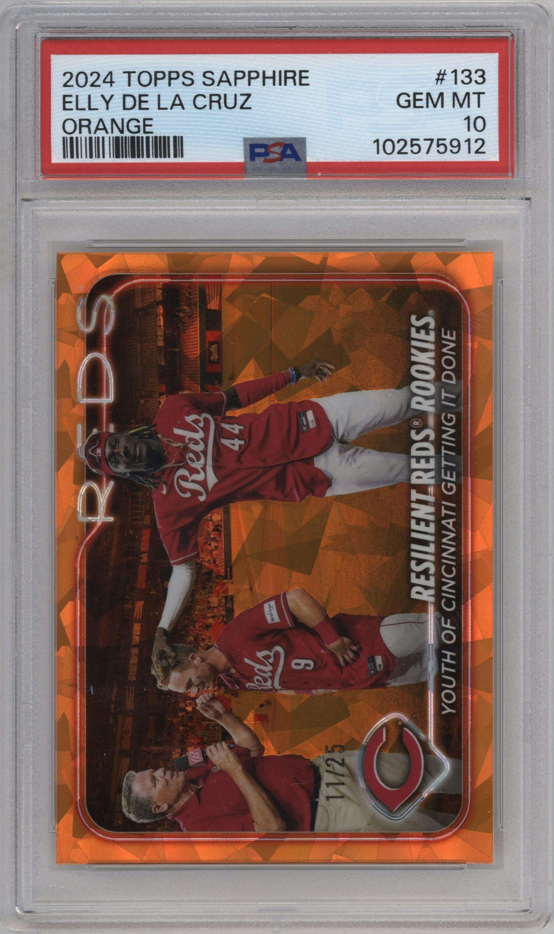 Elly De La Cruz from the 2024 Topps Chrome Sapphire set featuring a Orange parallel graded by PSA and given an overall grade of 10.
