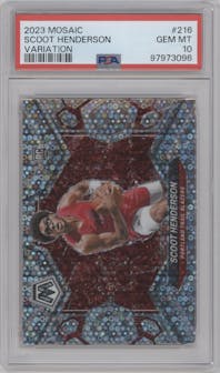 Scoot Henderson from the 2023-24 Panini Mosaic set featuring a Fast Break Silver parallel graded by PSA and given an overall grade of 10.