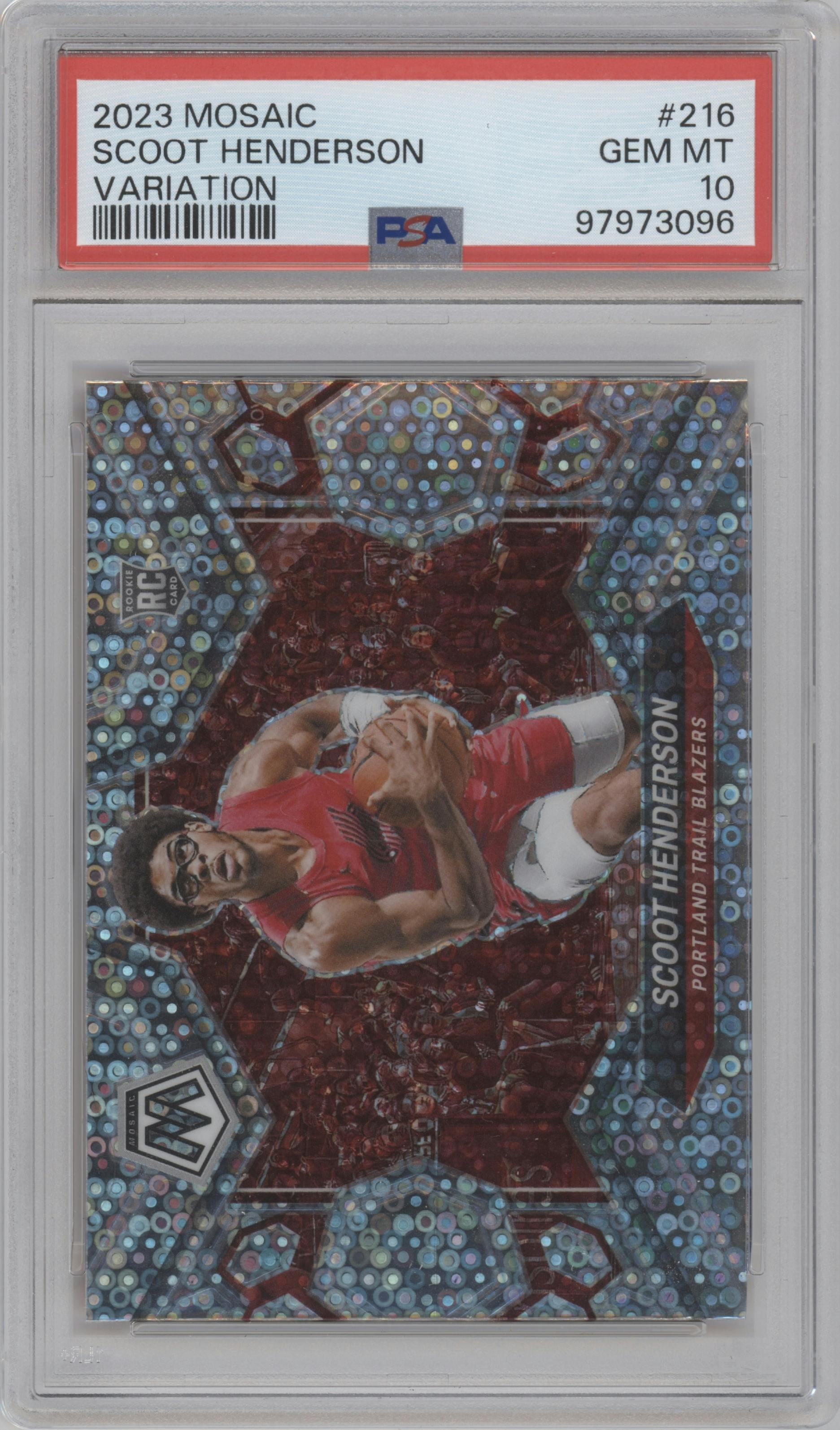 Scoot Henderson from the 2023-24 Panini Mosaic set featuring a Fast Break Silver parallel graded by PSA and given an overall grade of 10.