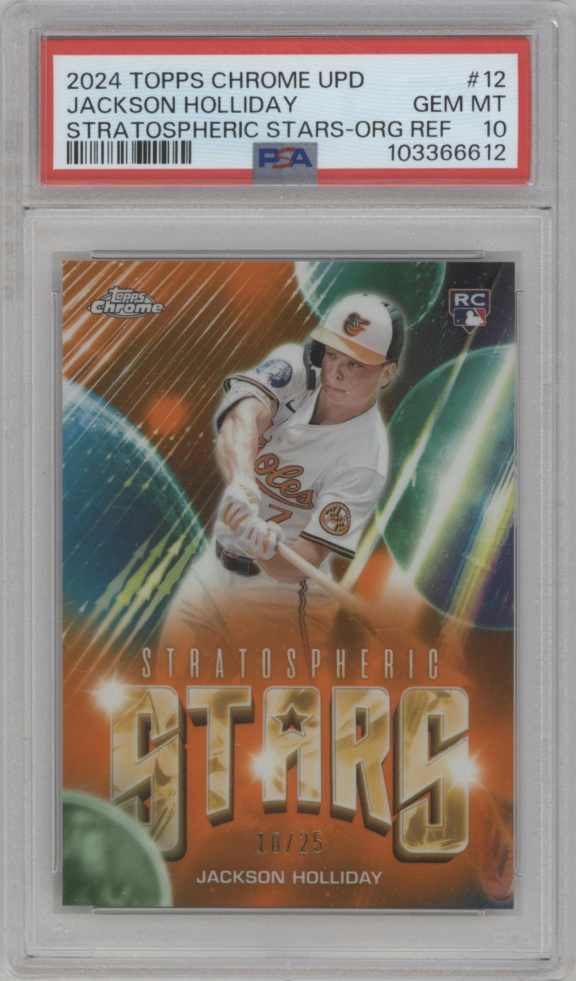 Jackson Holliday from the 2024 Topps Chrome Update set featuring a Orange Refractor parallel graded by PSA and given an overall grade of 10.