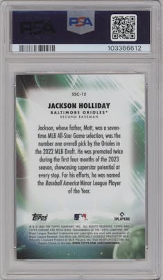 Jackson Holliday from the 2024 Topps Chrome Update set featuring a Orange Refractor parallel graded by PSA and given an overall grade of 10.