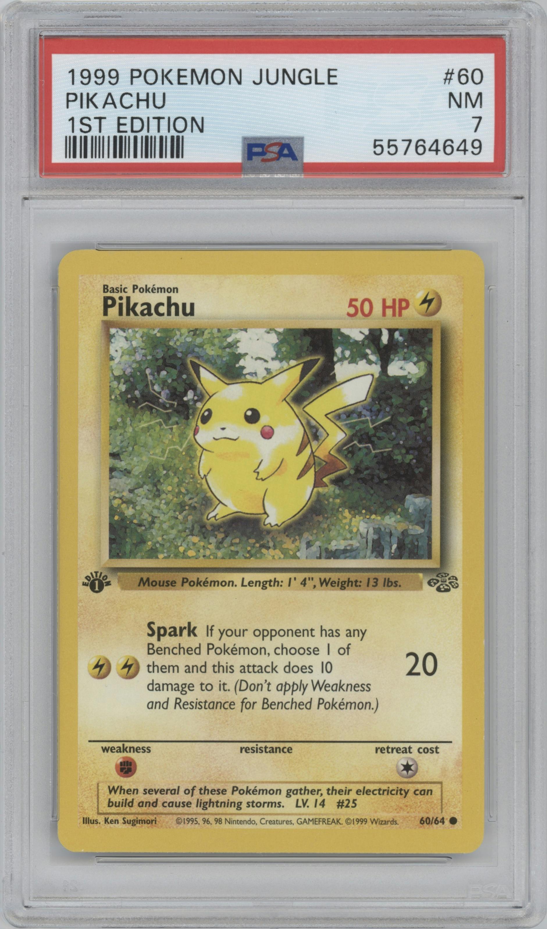 Pikachu from the 1999 Pokemon set graded by PSA and given an overall grade of 7.