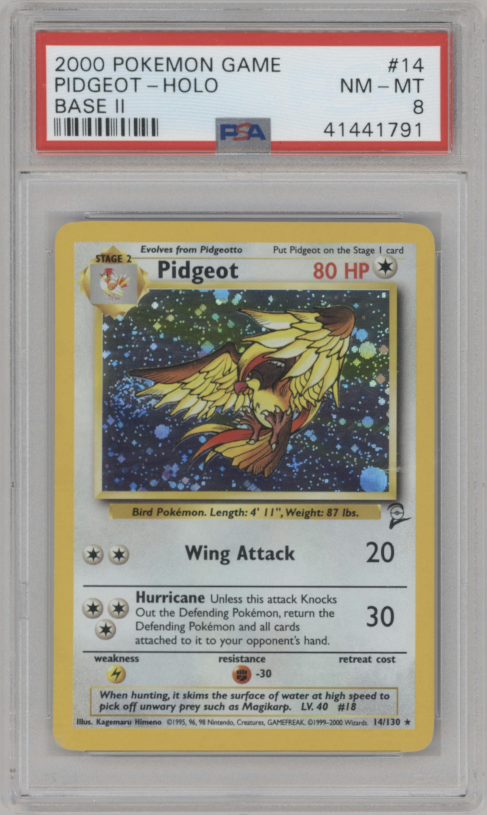 Pidgeot from the 2000 Pokemon set graded by PSA and given an overall grade of 8.