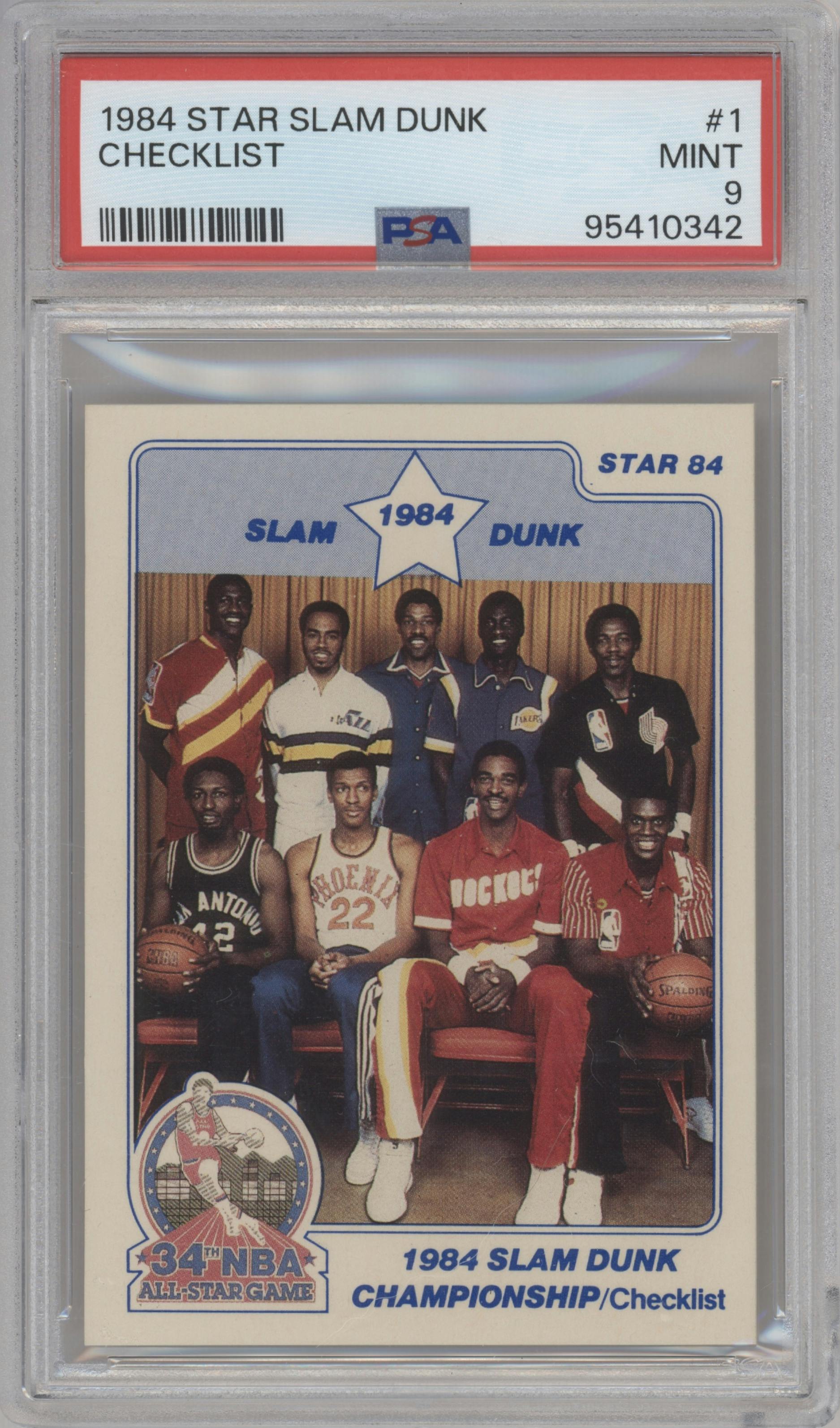 Checklist from the 1984 Star Slam Dunk Championship set graded by PSA and given an overall grade of 9.