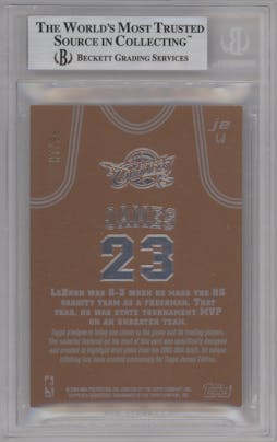 Lebron James from the 2003-04 Topps Jersey Edition set featuring a Copper parallel graded by Beckett and given an overall grade of 9.