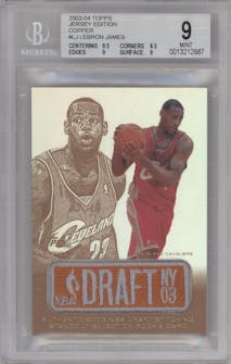 Lebron James from the 2003-04 Topps Jersey Edition set featuring a Copper parallel graded by Beckett and given an overall grade of 9.