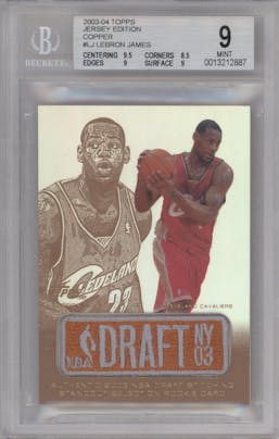 Lebron James from the 2003-04 Topps Jersey Edition set featuring a Copper parallel graded by Beckett and given an overall grade of 9.